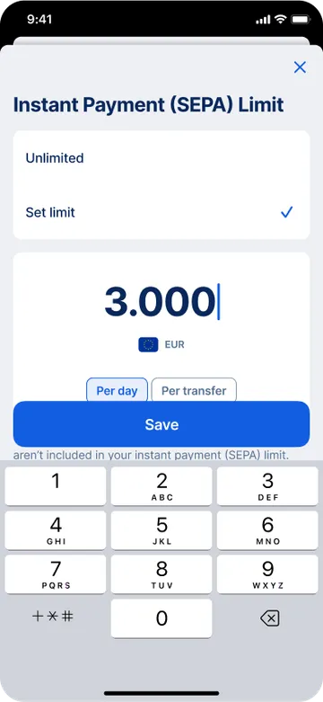 Setting Instant Payment (SEPA) limit in George app