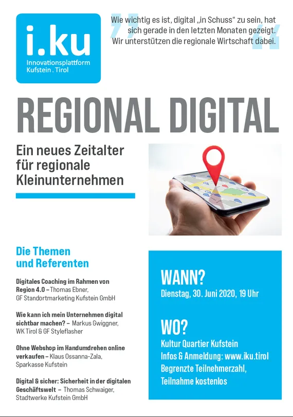 Plakat "Regional Digital - EIn neues Zeitalter für regionale Unternehmen" in blau und weißen Farben mit Informationen zu Themen, Referenten, Ort und Zeit