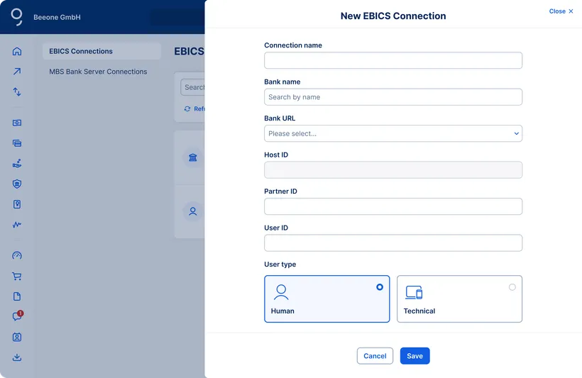 Create new EBICS connection
