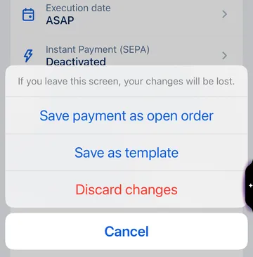 Transfer options in George app - save as open order