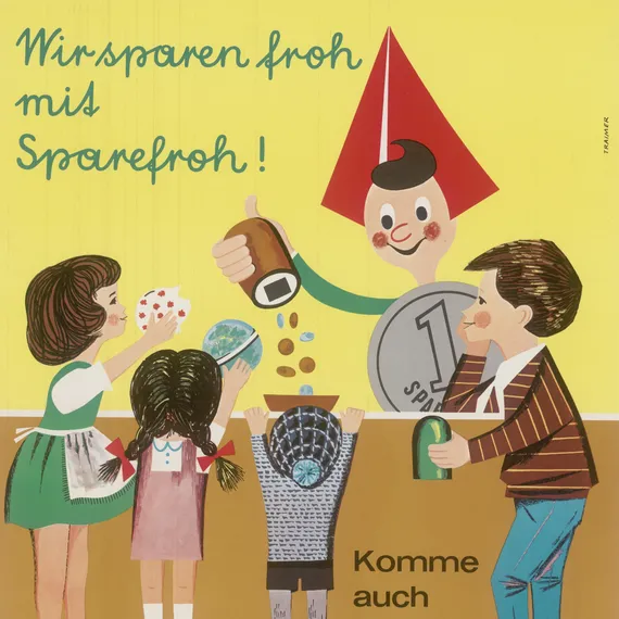 Weltspartagsplakat 1967, ein gemalter Sparefroh entleert die Spardosen am Weltspartag