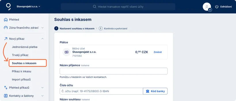 Příkaz k inkasu dostupný z levého menu