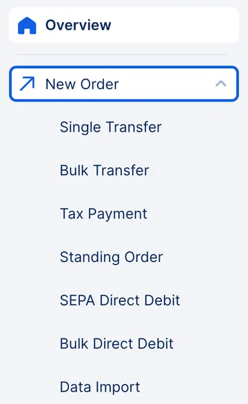 Left side menu with new order section expanded