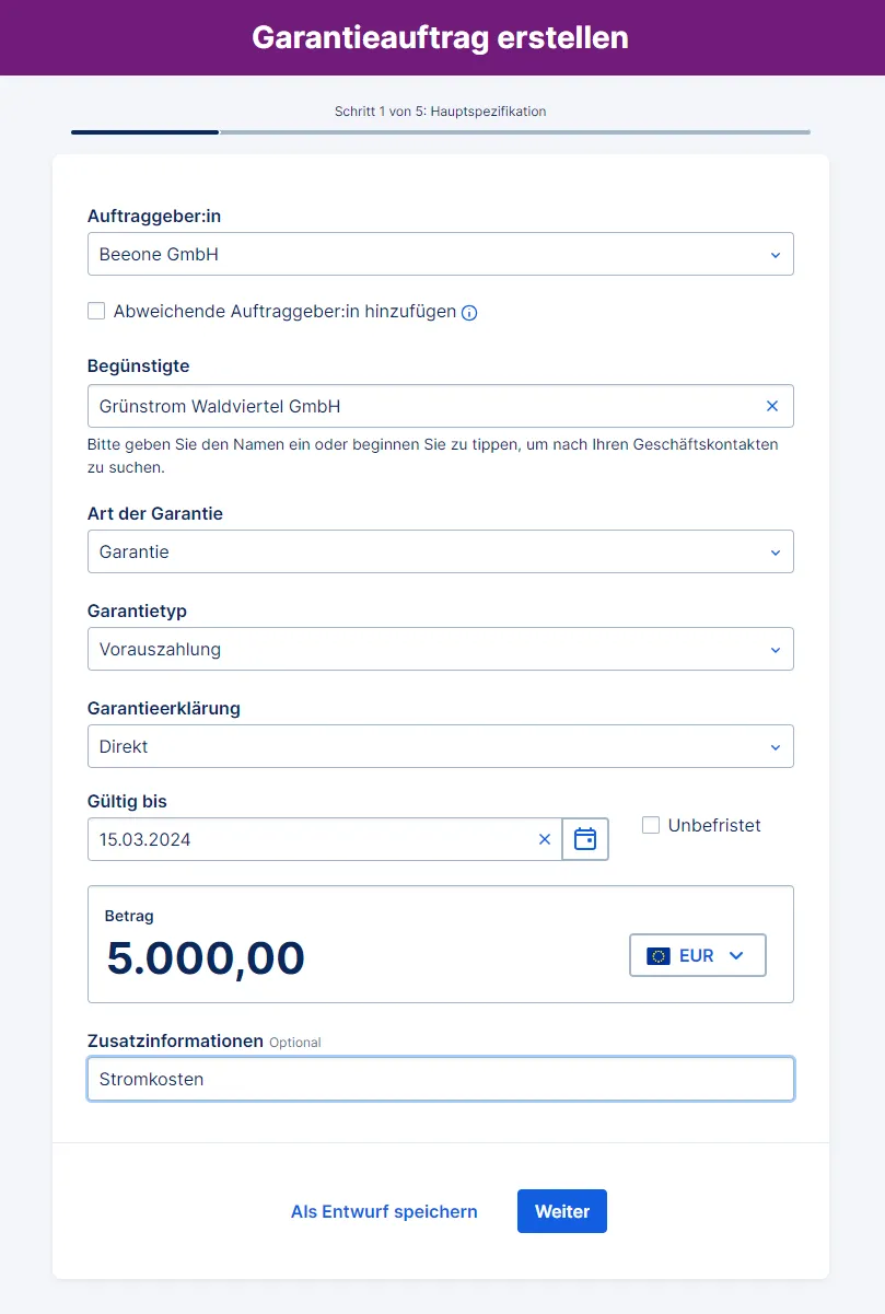 Schritt 1 zur erstelleung eines Garantieauftrags