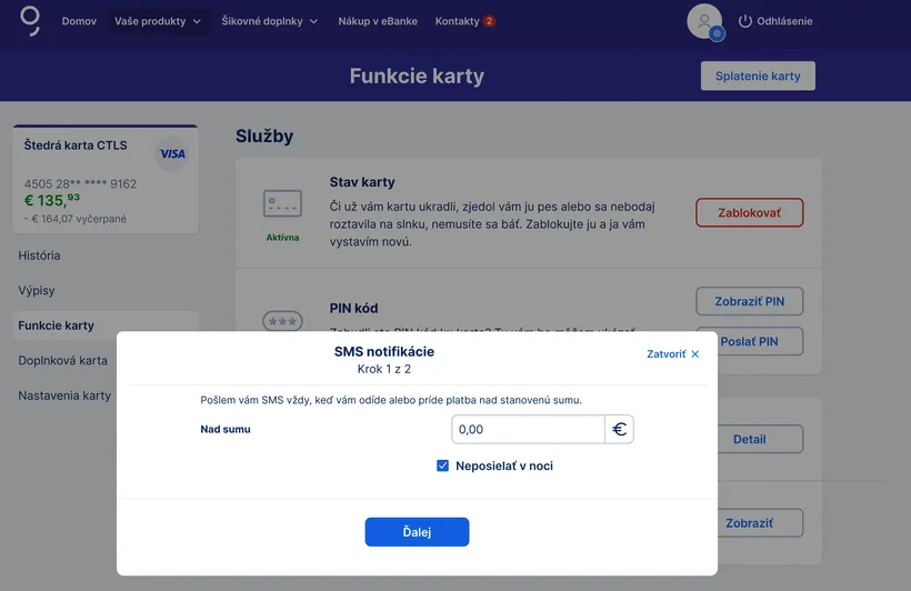 nastavnie SMS notifikácií - výber sumy