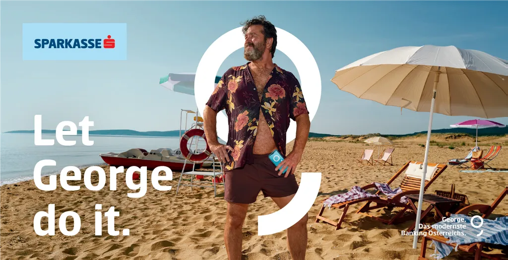 Werbemittel "Let George do it" Mann am Strand in Badekleidung