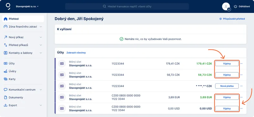 Výpisy z účtu na obrazovce s přehledem