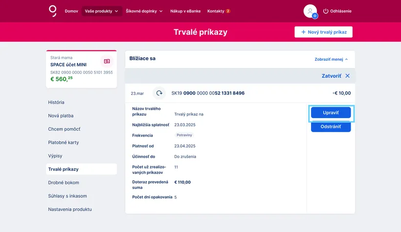 Zmena trvalého príkazu