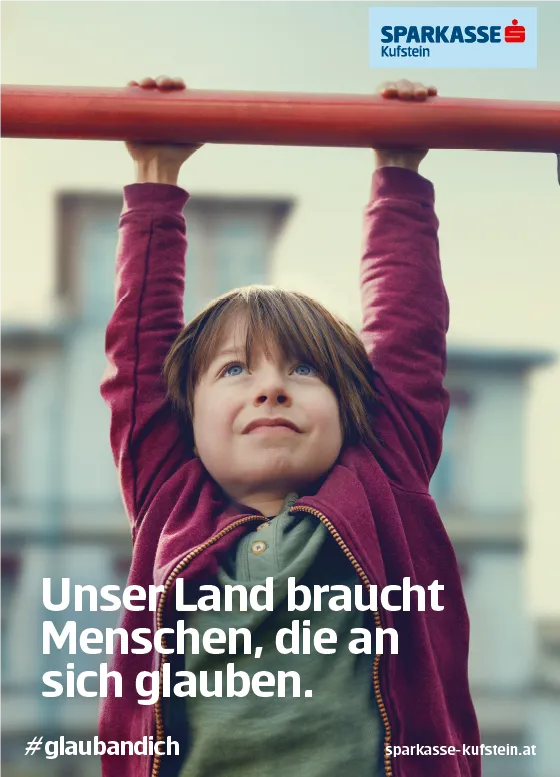Werbemittel, junge hält sich mit beiden Händen an einer Stange fest "Unser Land braucht Menschen, die an sich glauben"