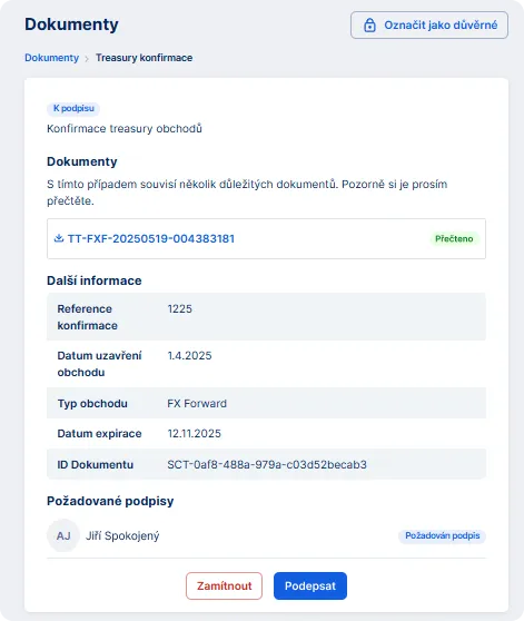 Detail treasury dokumentace k podepsání