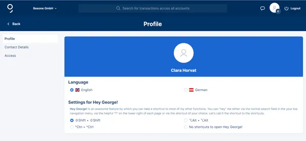 The user profile including the Hey George settings for the double click shortcut