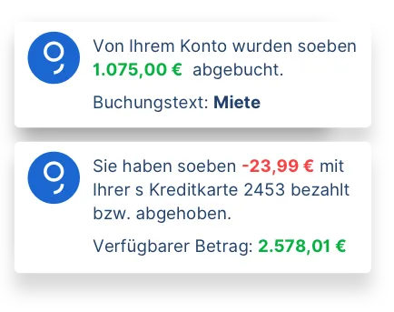 Benachrichtigungen von George bezüglich abgebuchter Miete und abgehobenem Betrag mit s Kreditkarte
