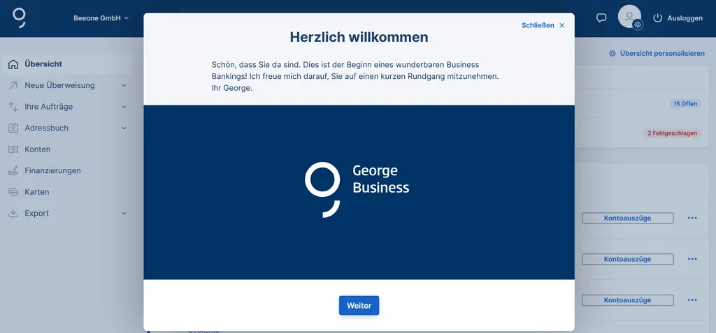 Screenshot der Intro Tour beim ersten Einstieg bei George Business