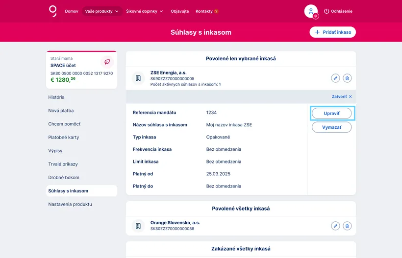 úprava inkasného príkazu