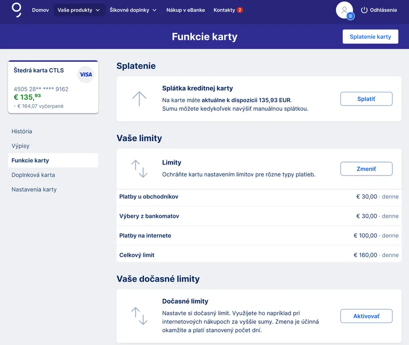 funkcie karty na webe