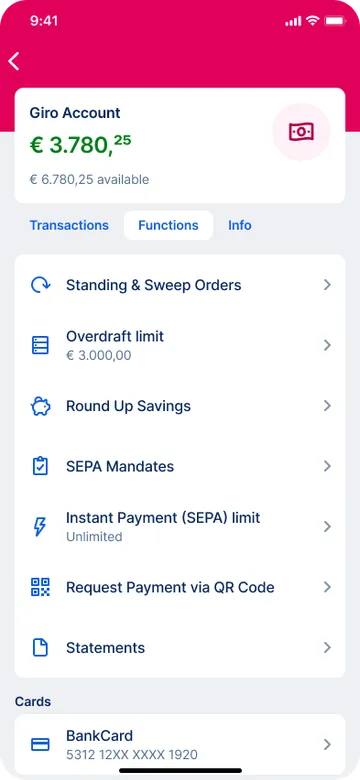 Instant Payment Limit (SEPA) in account functions