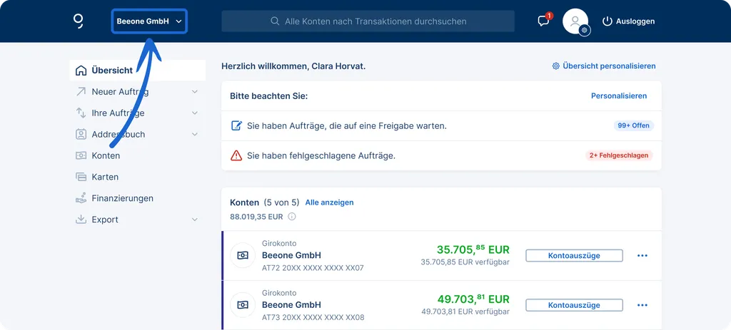 George Business Kopfleiste mit ausklappbarem Unternehmens-Menü