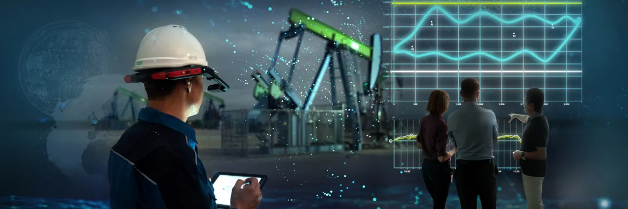 Pumpenbock, digitaler Chart und OMV-Mitarbeiter - eine Grafik, die die Digitalisierung des Konzerns visualisiert