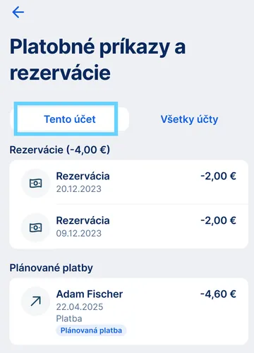 prehľad čakajjúcich príkazov na tomto účte