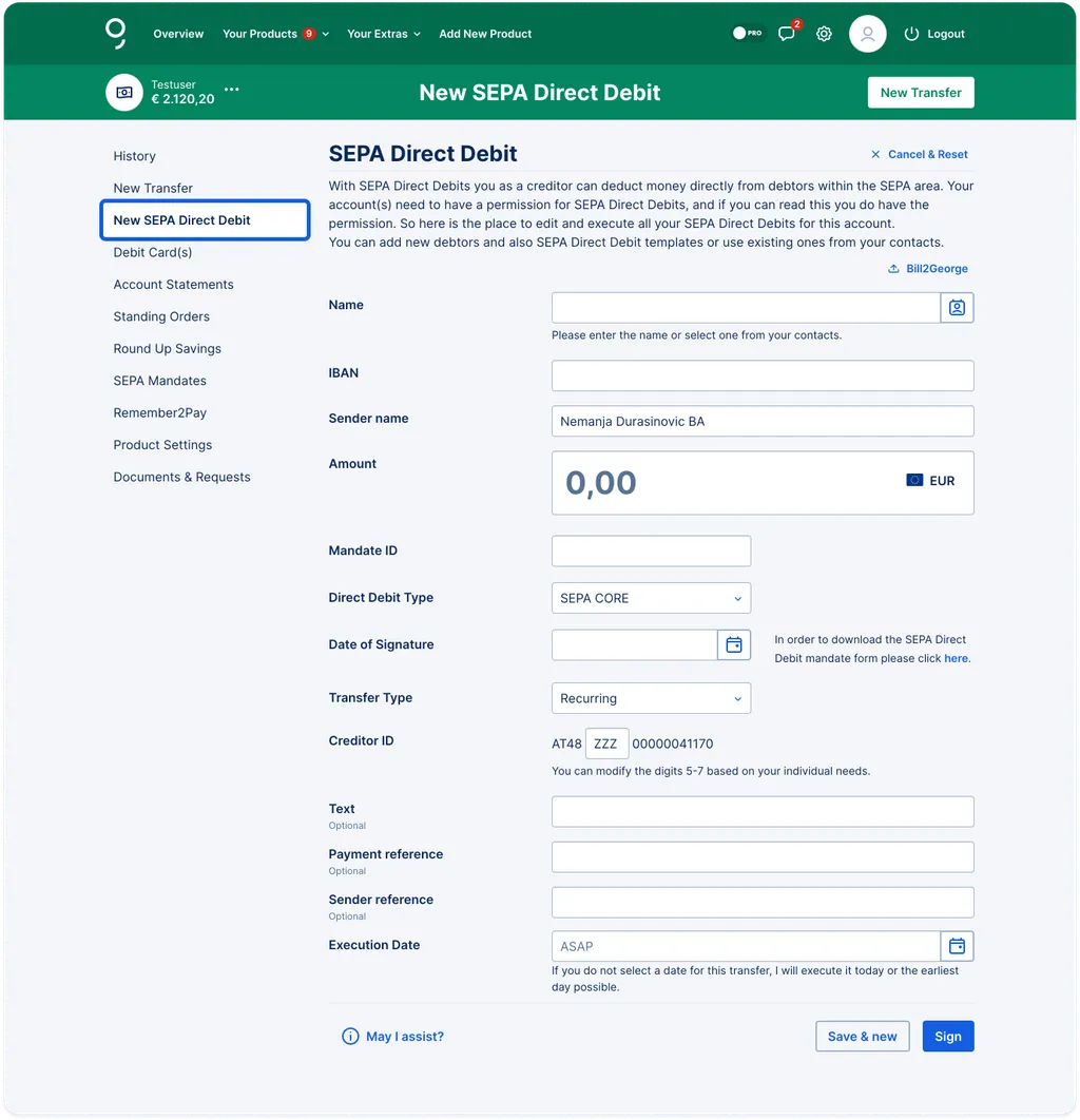 New SEPA Direct Debit