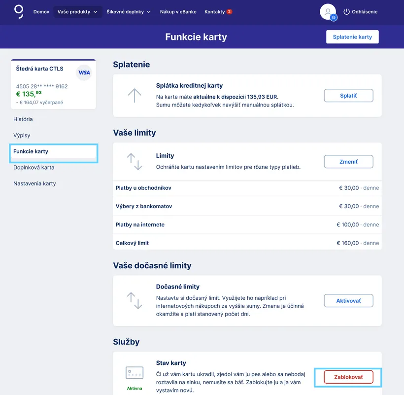 zablokovanie karty web