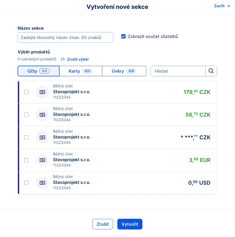 Detail vytvoření nové sekce