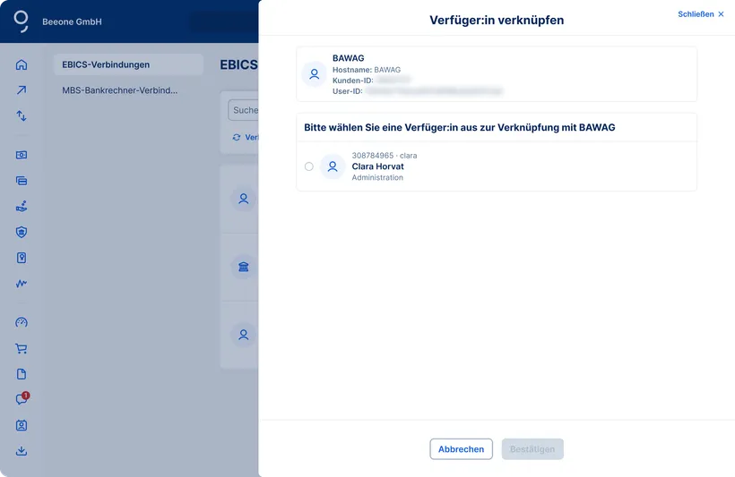 EBICS-Einrichtung:Verfüger:in verknüpft