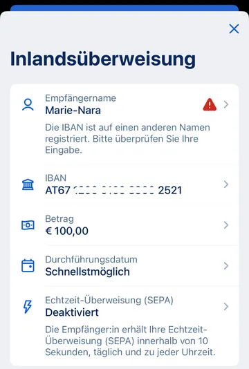 Keine Übereinstimmung bei Empfänger-Überprüfung mit Handelsbezeichnung