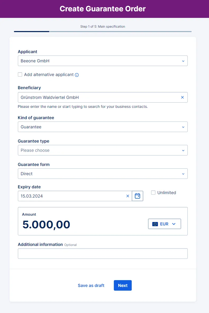 Step 1 to create a guarantee order