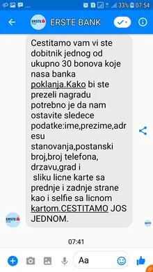 Primjer poruke poslane s lažne Facebook stranice