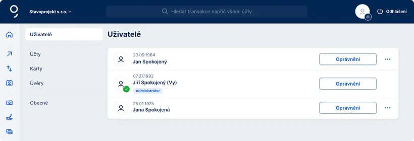 Sekce s přístupy pro adminy