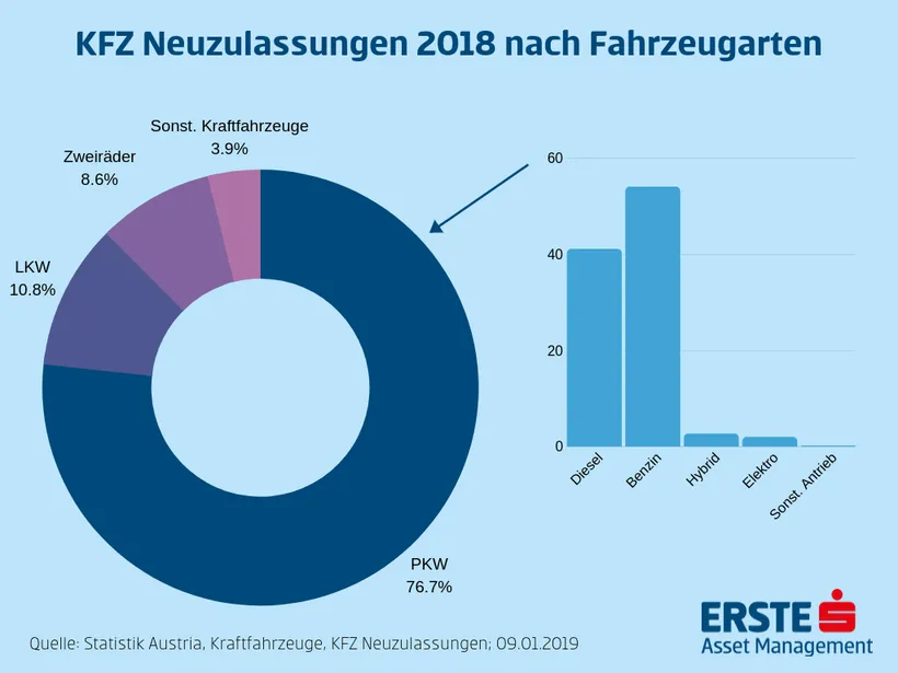 Diagramm: KFZ-Neuzulassungen 2018 nach Fahrzeugarten: 76,7% PKW, 10,8% LKW, 8,6% Zweiräder, 3,9% sonstige Kraftfahrzeuge. Von den neu zugelassenen PKWs werden mehr als die Hälfte mit Benzin betrieben und zwei Fünftel mit Diesel. Ein geringer Anteil (wenige Prozente) sind Hybrid- und Elektro-Autos.