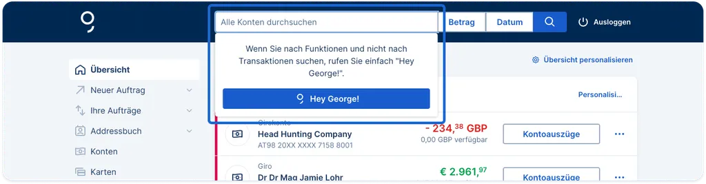 George Business Suchleiste in der Kopfleisten-Navigation