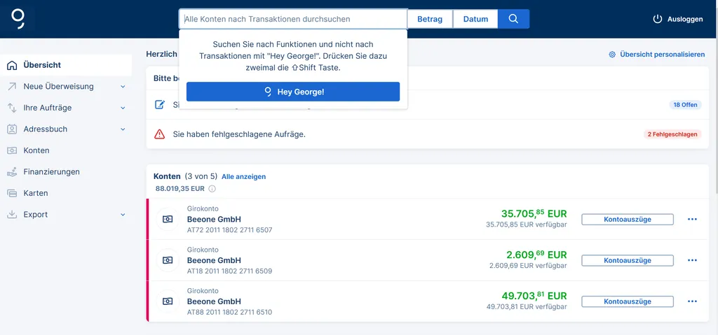 Die George Business Suchleiste mit der Option zur Hey George!-Funktion