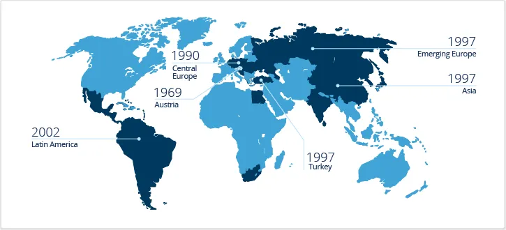 1969 Austria. 1990 Central Europe. 1997 Emerging Europe, Asia and Turkey. 2002 Latin America.