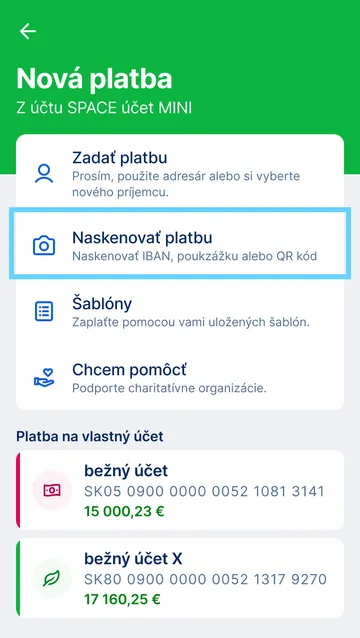 naskenovanie platby app