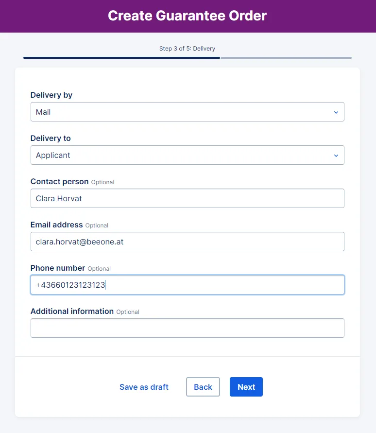Step 3 to create a guarantee order