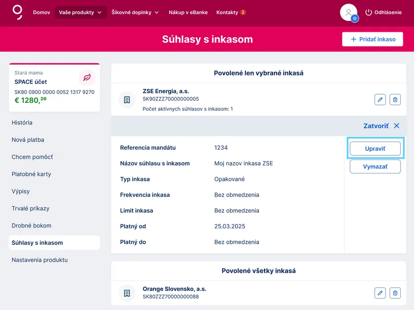 úprava inkasného príkazu