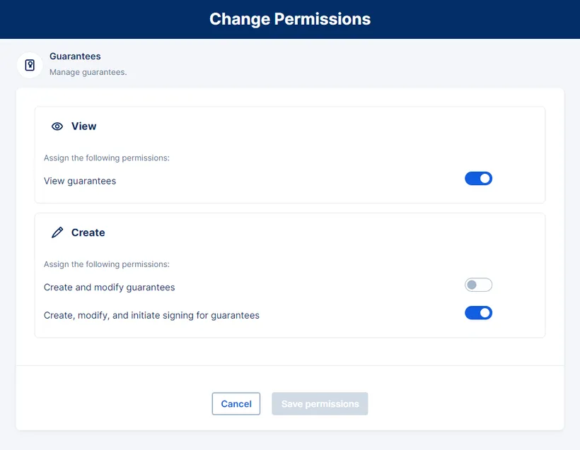 User permissions for Bank guarantees 
