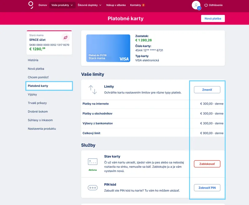 Limity, stav karty, PIN