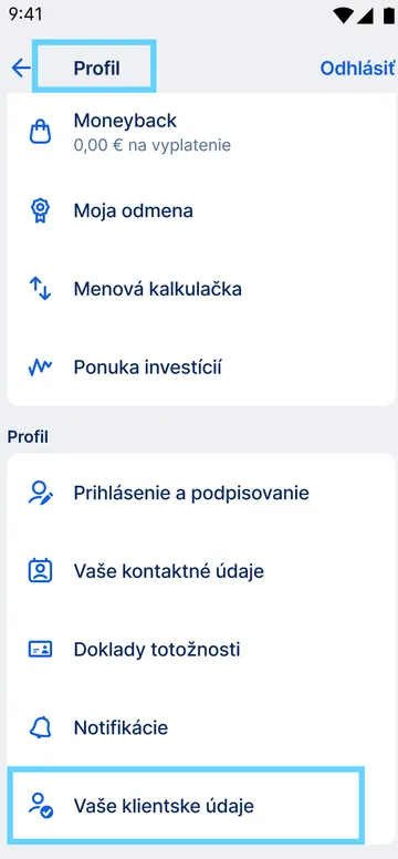klientské údaje app