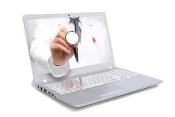Laptop mit Arzt der ein Stethoskop in die Kamera hält