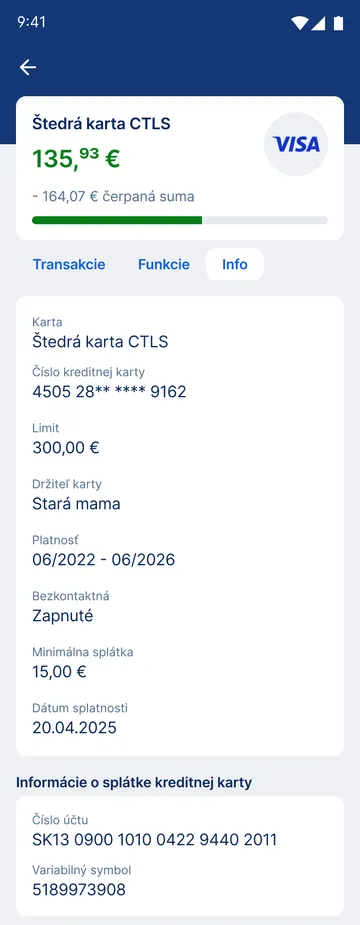 info o kreditnej karte v app