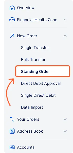 Standing orders in the left menu