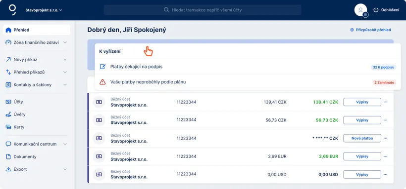 Přetažení sekcí na domovské stránce