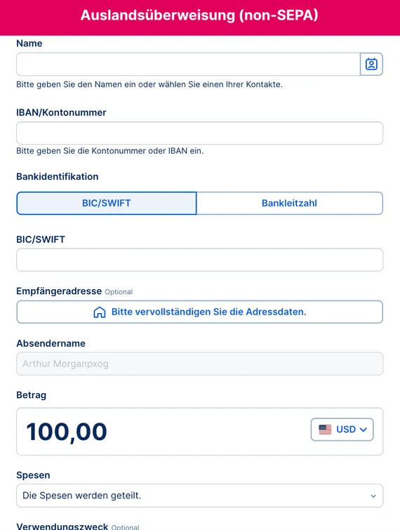 Non-SEPA Überweisungsformular