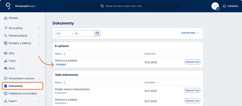 Vstup do dokumentů přes hlavní menu