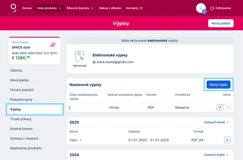 nový výpis