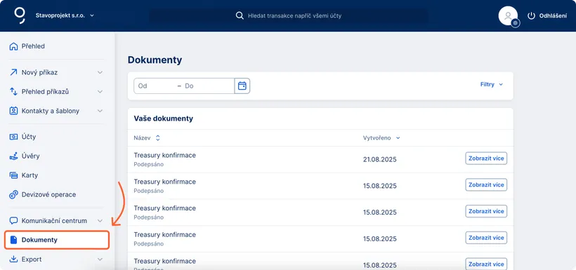 Treasury dokumenty v sekci dokumenty v levém menu