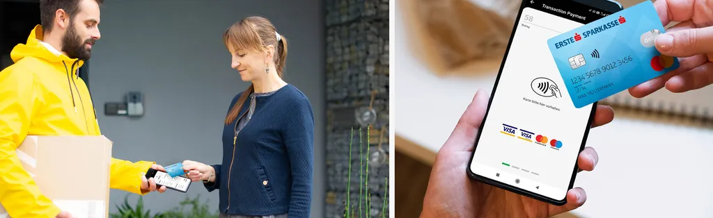 Fotocollage, kontaktloses Bezahlen mit der Debitkarte